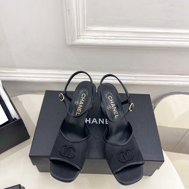 CHANEL 26S HIGH HEEL SLINGBACK SANDALS 70 MM IN BLACK MESH