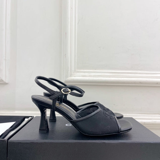 CHANEL 26S HIGH HEEL SLINGBACK SANDALS 70 MM IN BLACK MESH