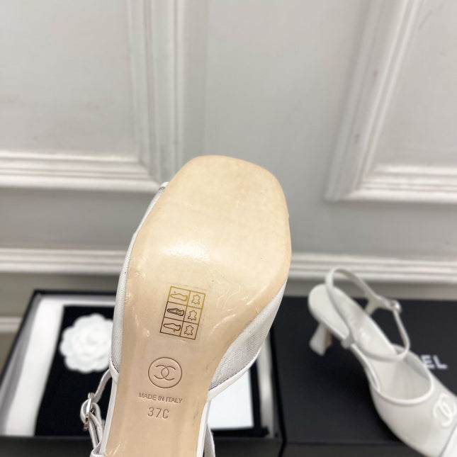 CHANEL 26S HIGH HEEL SLINGBACK SANDALS 70 MM IN WHITE MESH
