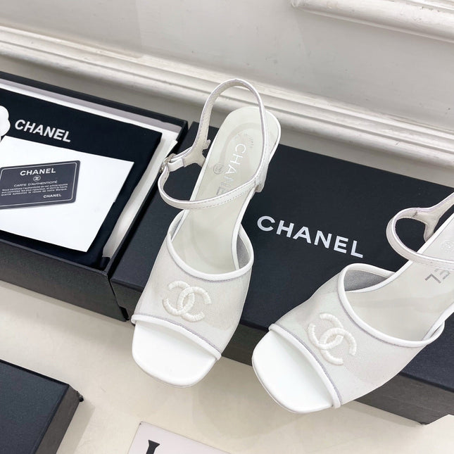 CHANEL 26S HIGH HEEL SLINGBACK SANDALS 70 MM IN WHITE MESH