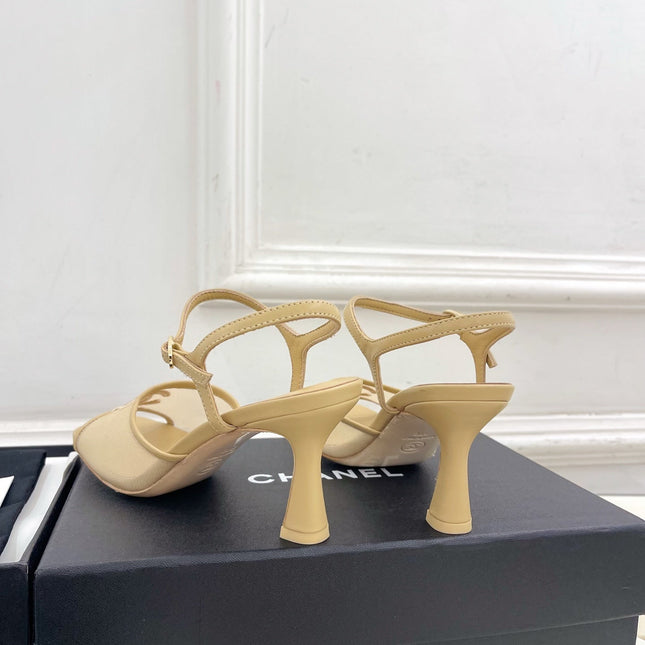 CHANEL 26S HIGH HEEL SLINGBACK SANDALS 70 MM IN BEIGE MESH