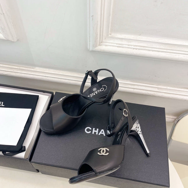 CHANEL 26S HIGH HEEL SLINGBACK SANDALS 90 MM IN BLACK LAMBSKIN