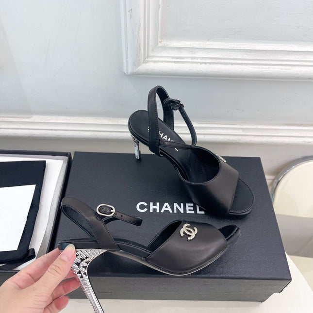 CHANEL 26S HIGH HEEL SLINGBACK SANDALS 90 MM IN BLACK LAMBSKIN