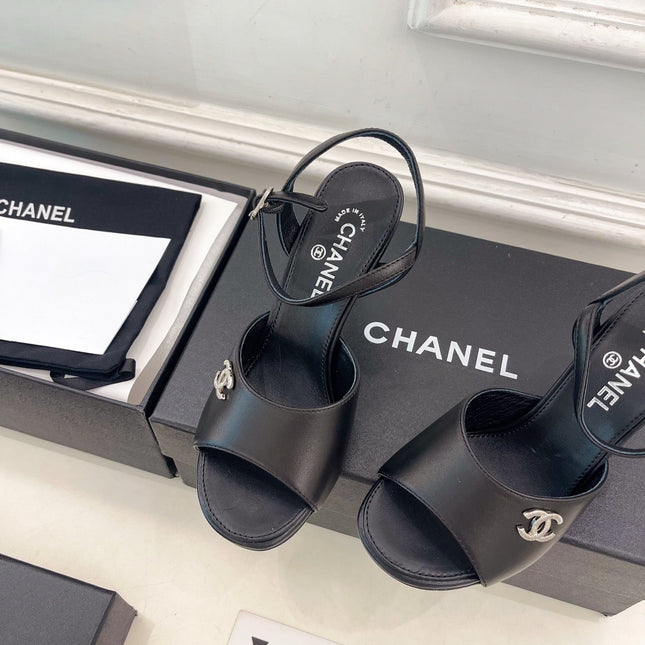 CHANEL 26S HIGH HEEL SLINGBACK SANDALS 90 MM IN BLACK LAMBSKIN