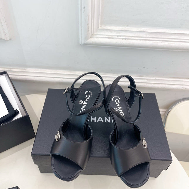 CHANEL 26S HIGH HEEL SLINGBACK SANDALS 90 MM IN BLACK LAMBSKIN