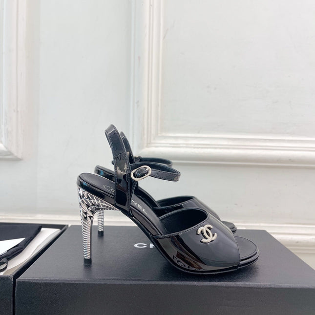 CHANEL 26S HIGH HEEL SLINGBACK SANDALS 90 MM IN BLACK PATENT