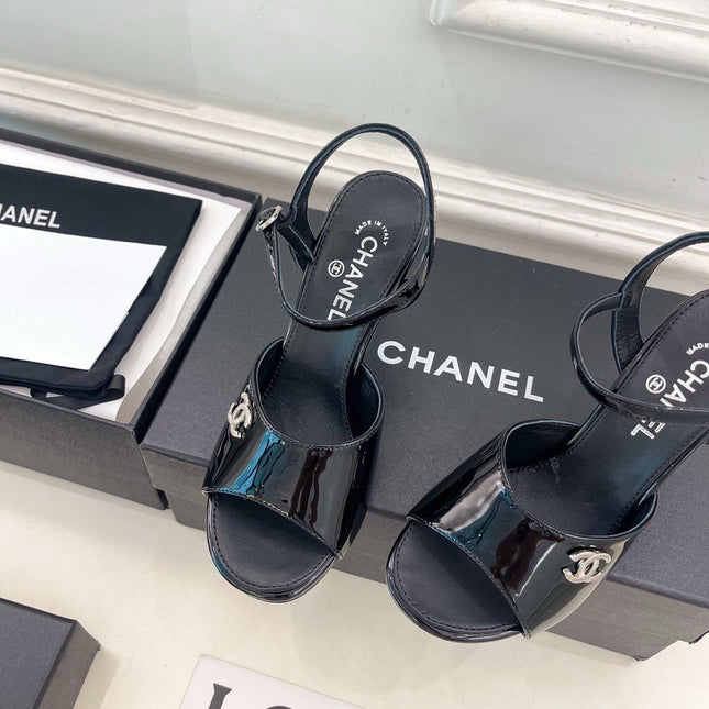 CHANEL 26S HIGH HEEL SLINGBACK SANDALS 90 MM IN BLACK PATENT