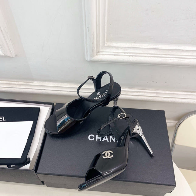 CHANEL 26S HIGH HEEL SLINGBACK SANDALS 90 MM IN BLACK PATENT