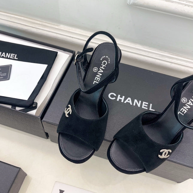 CHANEL 26S HIGH HEEL SLINGBACK SANDALS 90 MM IN BLACK SUEDE