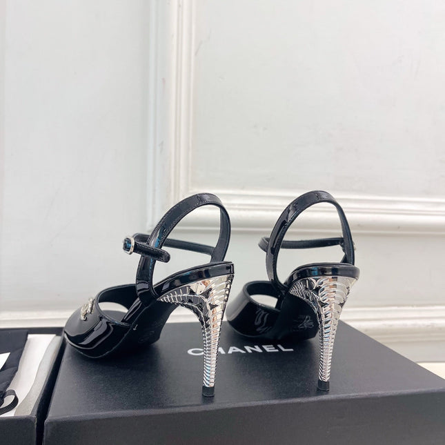 CHANEL 26S HIGH HEEL SLINGBACK SANDALS 90 MM IN BLACK PATENT