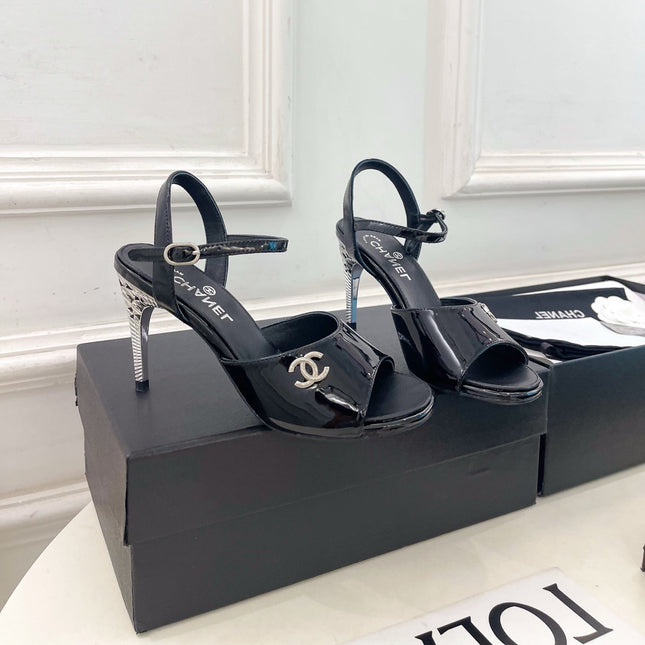 CHANEL 26S HIGH HEEL SLINGBACK SANDALS 90 MM IN BLACK PATENT
