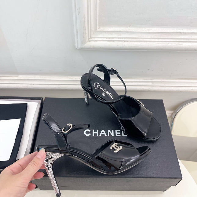 CHANEL 26S HIGH HEEL SLINGBACK SANDALS 90 MM IN BLACK PATENT