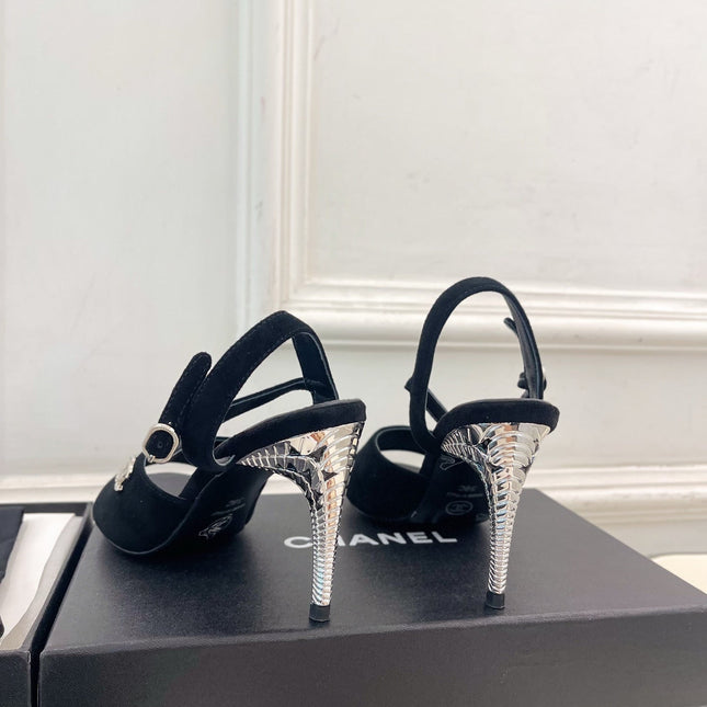 CHANEL 26S HIGH HEEL SLINGBACK SANDALS 90 MM IN BLACK SUEDE
