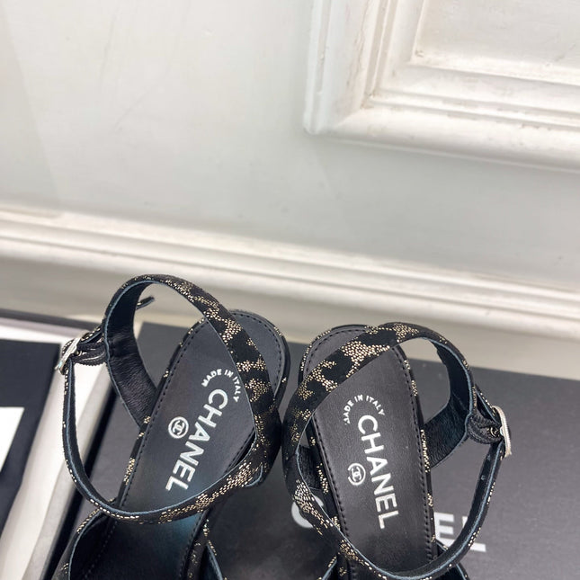 CHANEL 26S HIGH HEEL SLINGBACK SANDALS 90 MM IN BLACK LAMBSKIN AND BEIGE LEOPARD PRINT