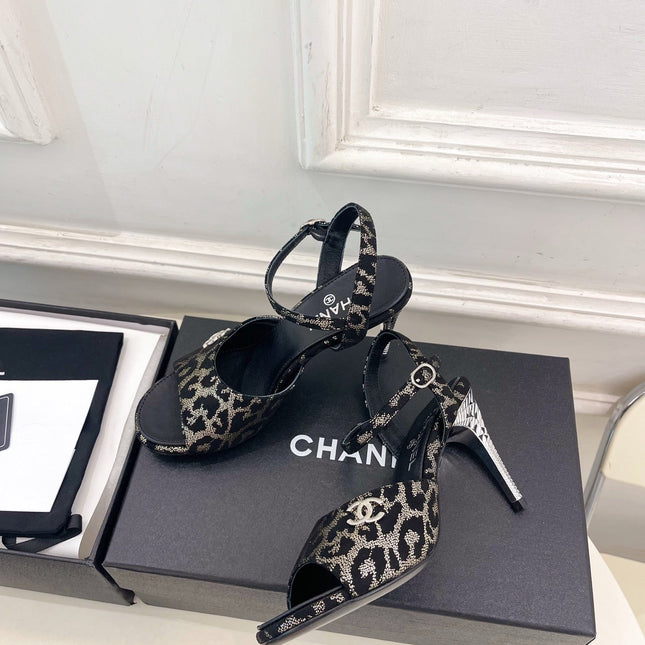 CHANEL 26S HIGH HEEL SLINGBACK SANDALS 90 MM IN BLACK LAMBSKIN AND BEIGE LEOPARD PRINT