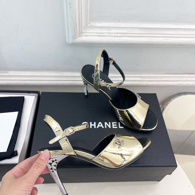 CHANEL 26S HIGH HEEL SLINGBACK SANDALS 90 MM IN GOLD LAMBSKIN WITH CC LOGO