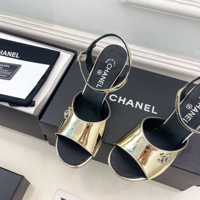 CHANEL 26S HIGH HEEL SLINGBACK SANDALS 90 MM IN GOLD LAMBSKIN WITH CC LOGO