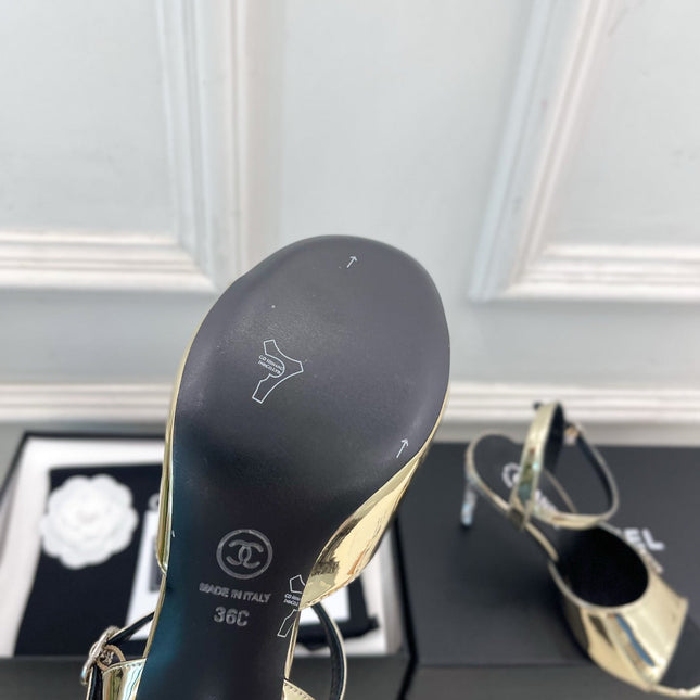 CHANEL 26S HIGH HEEL SLINGBACK SANDALS 90 MM IN GOLD LAMBSKIN WITH CC LOGO