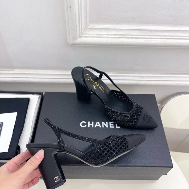 CHANEL 26S POINTED TOE HIGH HEEL SLINGBACK PUMPS 90 MM IN BLACK MESH