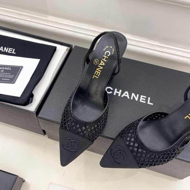 CHANEL 26S POINTED TOE HIGH HEEL SLINGBACK PUMPS 90 MM IN BLACK MESH
