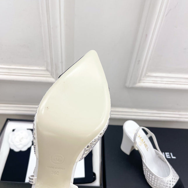 CHANEL 26S POINTED TOE HIGH HEEL SLINGBACK PUMPS 90 MM IN WHITE MESH WITH BLACK TOE CAP