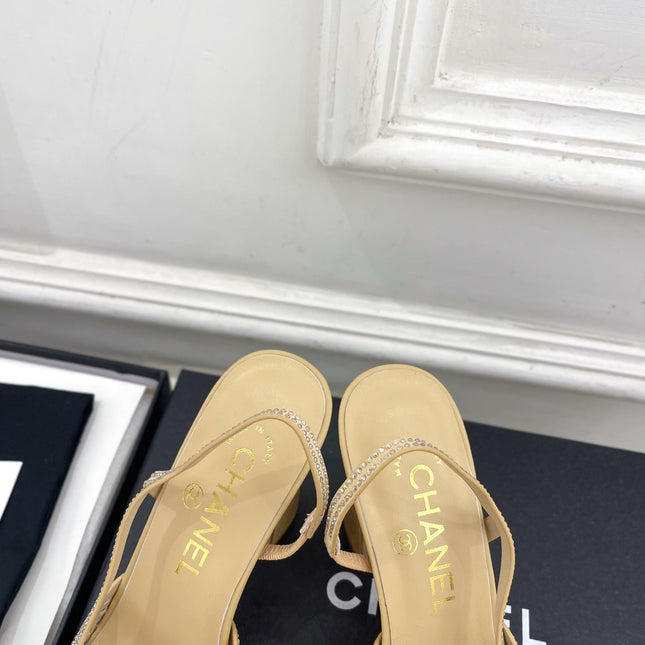 CHANEL 26S POINTED TOE HIGH HEEL SLINGBACK PUMPS 90 MM IN BEIGE MESH WITH BLACK TOE CAP