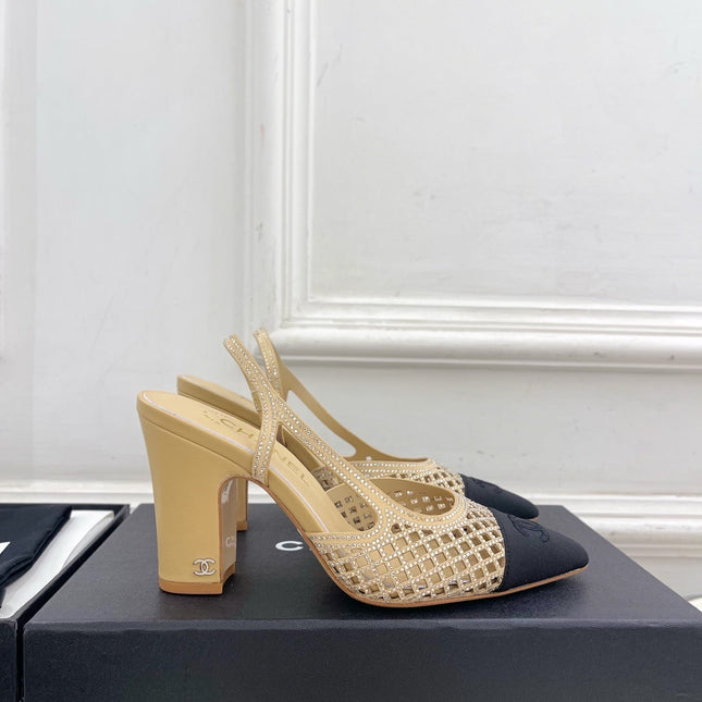 CHANEL 26S POINTED TOE HIGH HEEL SLINGBACK PUMPS 90 MM IN BEIGE MESH WITH BLACK TOE CAP
