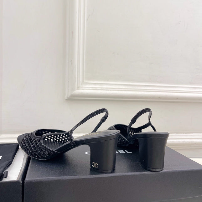 CHANEL 26S POINTED TOE HIGH HEEL SLINGBACK PUMPS 60MM IN BLACK MESH