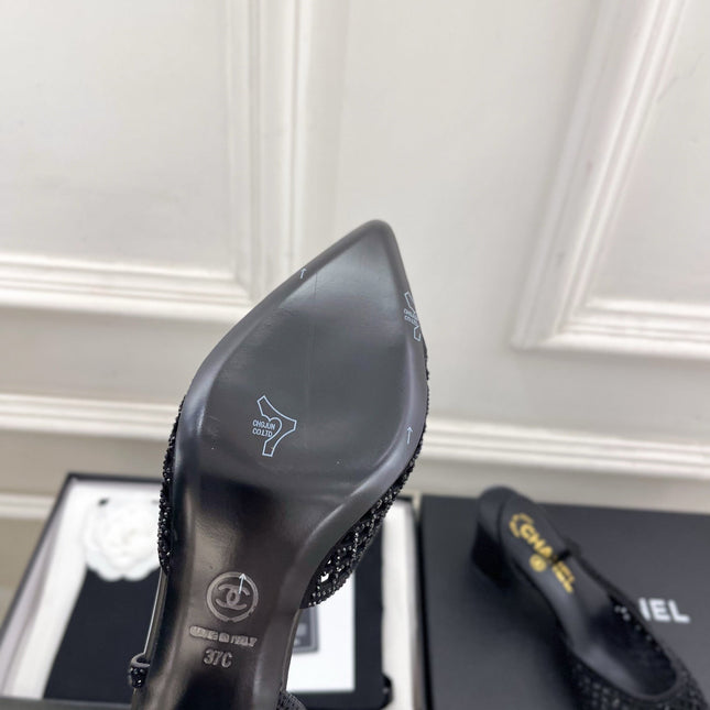 CHANEL 26S POINTED TOE HIGH HEEL SLINGBACK PUMPS 60MM IN BLACK MESH