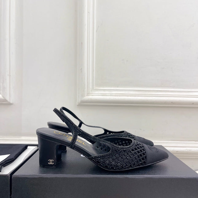 CHANEL 26S POINTED TOE HIGH HEEL SLINGBACK PUMPS 60MM IN BLACK MESH