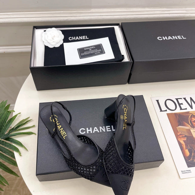 CHANEL 26S POINTED TOE HIGH HEEL SLINGBACK PUMPS 60MM IN BLACK MESH