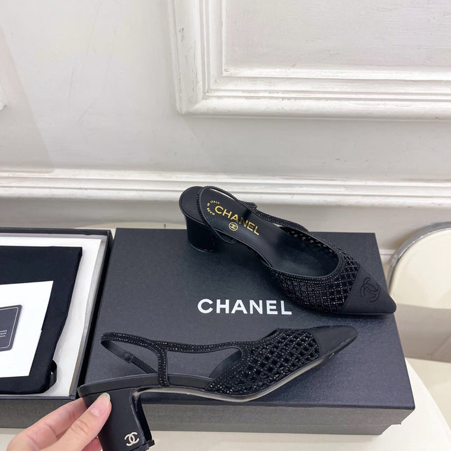CHANEL 26S POINTED TOE HIGH HEEL SLINGBACK PUMPS 60MM IN BLACK MESH