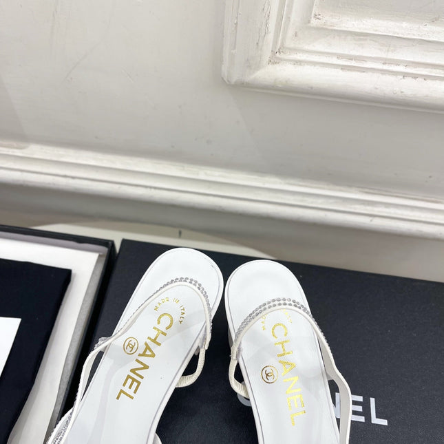 CHANEL 26S POINTED TOE HIGH HEEL SLINGBACK PUMPS 60MM IN WHITE MESH WITH BLACK TOE CAP