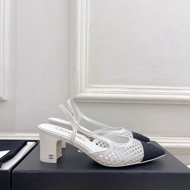 CHANEL 26S POINTED TOE HIGH HEEL SLINGBACK PUMPS 60MM IN WHITE MESH WITH BLACK TOE CAP