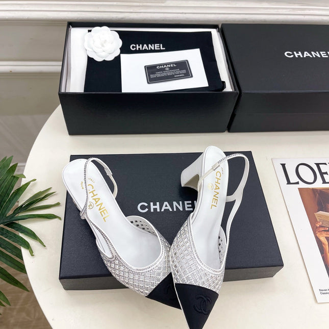 CHANEL 26S POINTED TOE HIGH HEEL SLINGBACK PUMPS 60MM IN WHITE MESH WITH BLACK TOE CAP