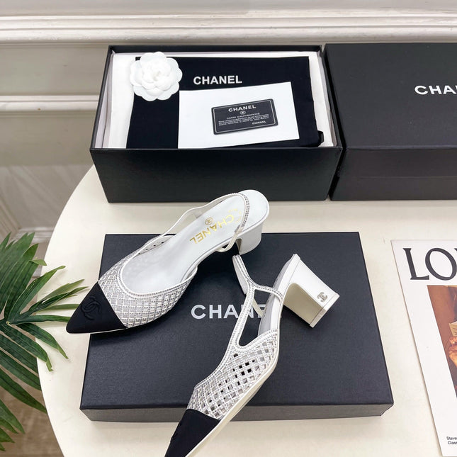 CHANEL 26S POINTED TOE HIGH HEEL SLINGBACK PUMPS 60MM IN WHITE MESH WITH BLACK TOE CAP
