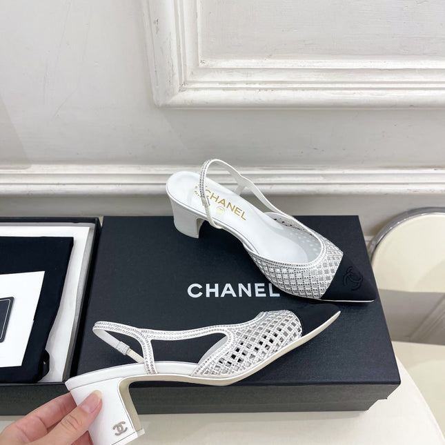 CHANEL 26S POINTED TOE HIGH HEEL SLINGBACK PUMPS 60MM IN WHITE MESH WITH BLACK TOE CAP