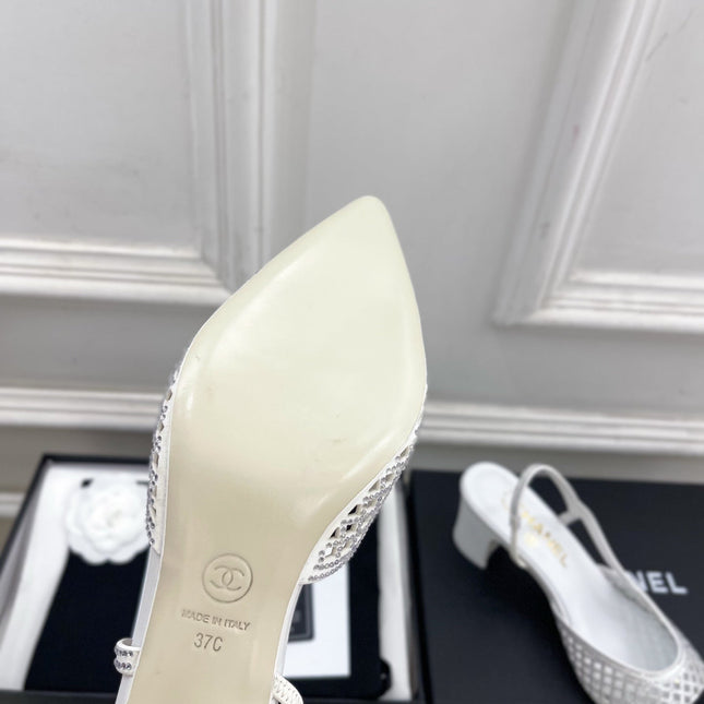CHANEL 26S POINTED TOE HIGH HEEL SLINGBACK PUMPS 60MM IN WHITE MESH WITH BLACK TOE CAP