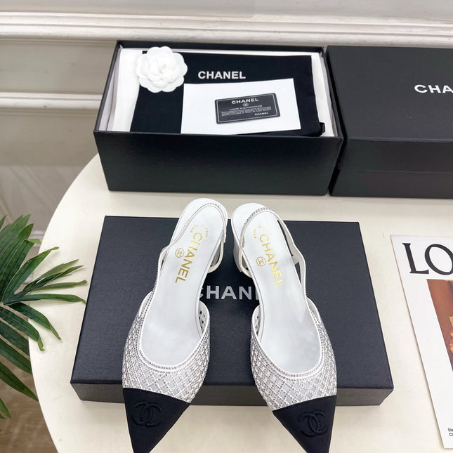 CHANEL 26S POINTED TOE HIGH HEEL SLINGBACK PUMPS 60MM IN WHITE MESH WITH BLACK TOE CAP
