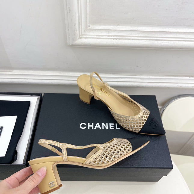 CHANEL 26S POINTED TOE HIGH HEEL SLINGBACK PUMPS 60MM IN BEIGE MESH WITH BLACK TOE CAP