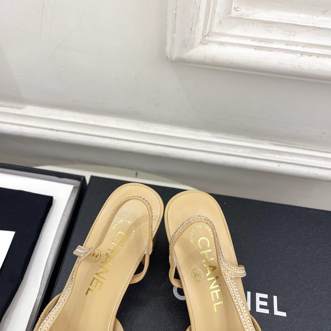CHANEL 26S POINTED TOE HIGH HEEL SLINGBACK PUMPS 60MM IN BEIGE MESH WITH BLACK TOE CAP