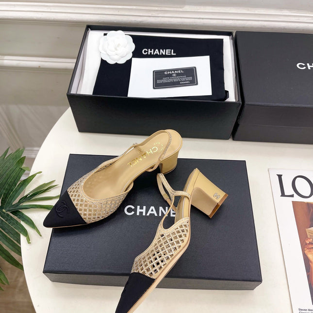 CHANEL 26S POINTED TOE HIGH HEEL SLINGBACK PUMPS 60MM IN BEIGE MESH WITH BLACK TOE CAP