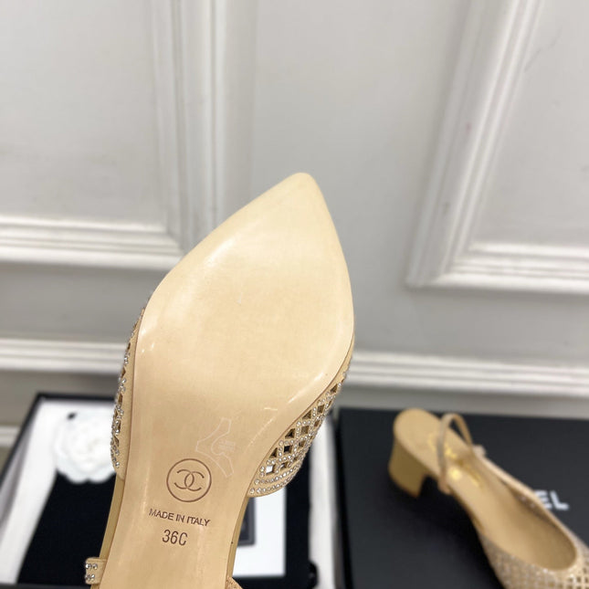 CHANEL 26S POINTED TOE HIGH HEEL SLINGBACK PUMPS 60MM IN BEIGE MESH WITH BLACK TOE CAP