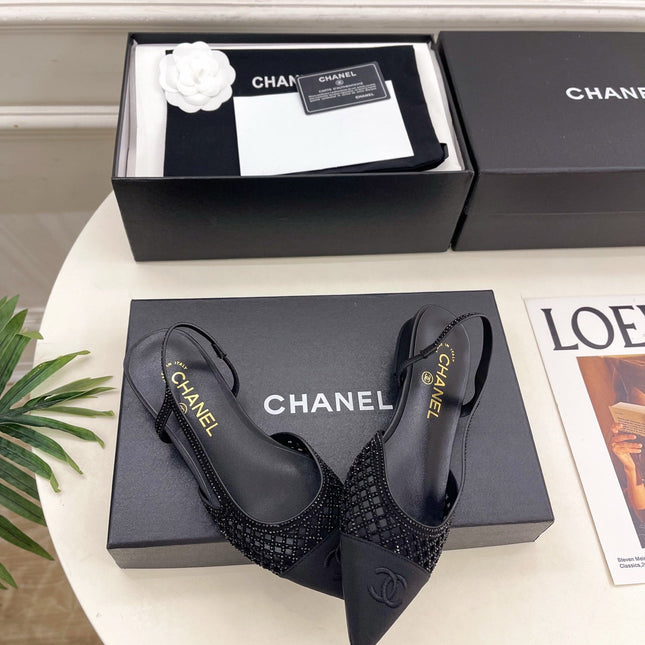 CHANEL 26S FLAT POINTED TOE SLINGBACK IN BLACK MESH