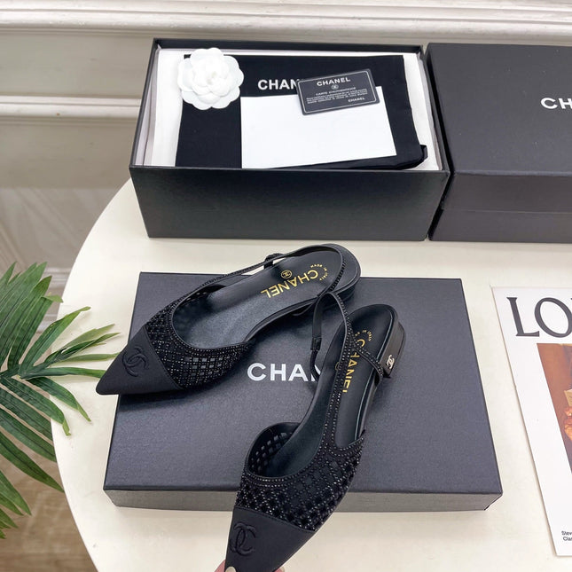 CHANEL 26S FLAT POINTED TOE SLINGBACK IN BLACK MESH