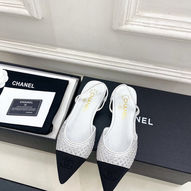 CHANEL 26S FLAT POINTED TOE SLINGBACK IN WHITE MESH WITH BLACK TOE CAP