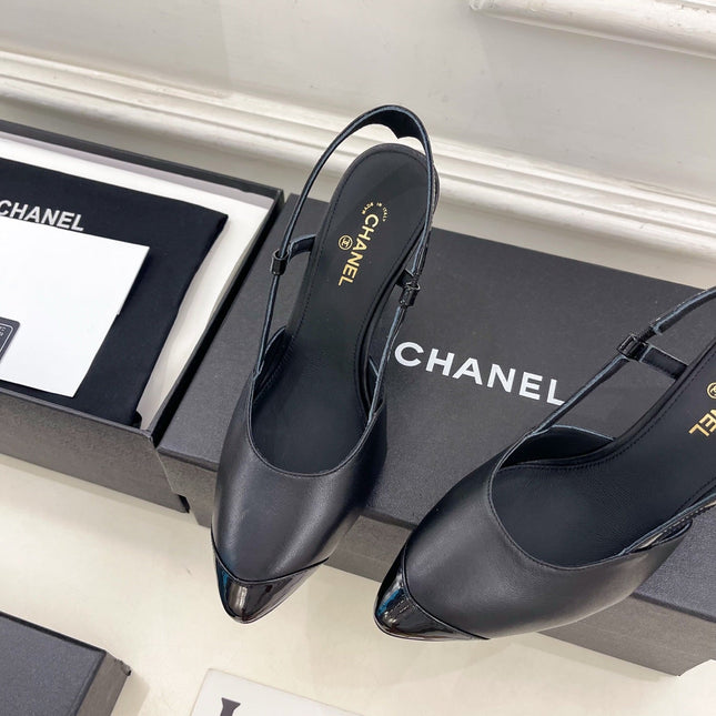 CHANEL 26S POINTED TOE SLINGBACK PUMPS 90 MM IN BLACK LAMBSKIN