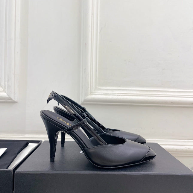 CHANEL 26S POINTED TOE SLINGBACK PUMPS 90 MM IN BLACK LAMBSKIN
