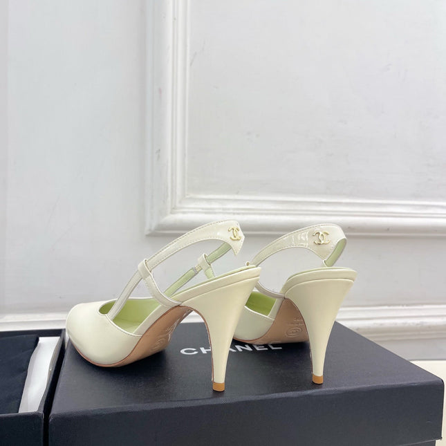 CHANEL 26S POINTED TOE SLINGBACK PUMPS 90 MM IN WHITE LAMBSKIN