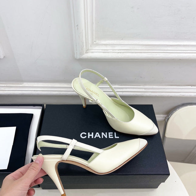 CHANEL 26S POINTED TOE SLINGBACK PUMPS 90 MM IN WHITE LAMBSKIN